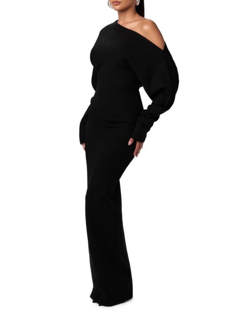 naked wardrobe black Off-Shoulder Knit Maxi Dress